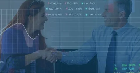 Image of stock market data processing over diverse businessman and business.. Stock Photos