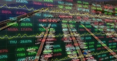 Image of stock market data processing over aerial view of ship harbor Stock Photos