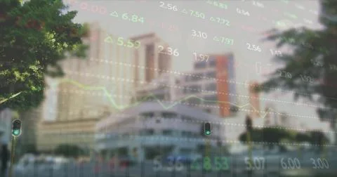 Image of stock market data processing against city traffic Foto stock