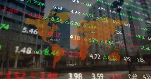 Image of stock market data processing over world map against tall buildings Stock Photos