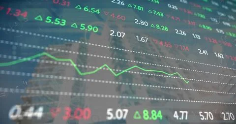 Image of stock market data processing against tall buildings Stock Photos