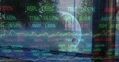 Image of stock market data processing and spinning globe against man in swimming Foto stock