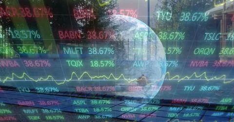 Image of stock market data processing and spinning globe against man in swimming Foto stock