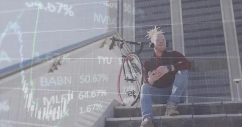 Image of stock market data processing over albino man listening to music sitting Stock Photos