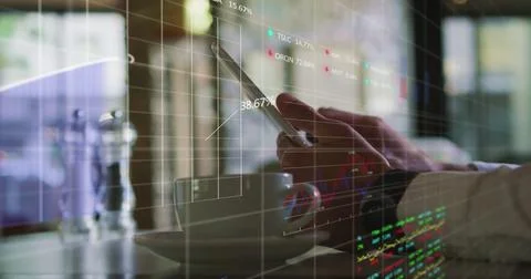 Image of stock market data processing over mid section of a man using digital Foto stock