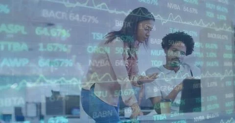 Image of stock market data processing over diverse man and woman discussing at 스톡 사진