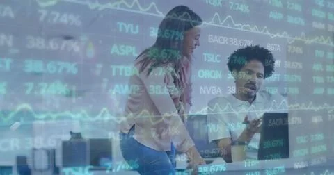 Image of stock market data processing over diverse man and woman discussing at Foto stock