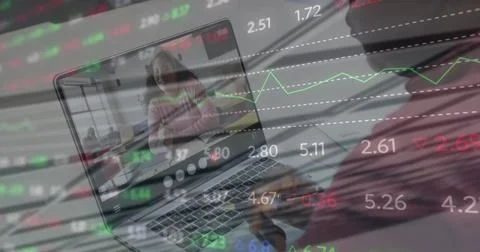 Image of stock market data processing over african american man having a Stock Photos
