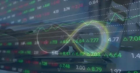 Image of stock market data processing and infinity symbol over mid section of a Stock Photos