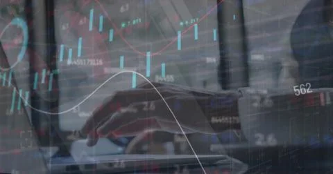 Image of stock market data processing over mid section of businessman using Foto stock