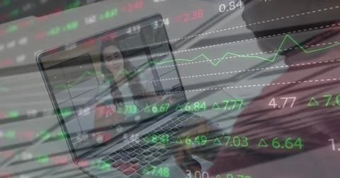 Image of stock market data processing over african american man having a Stock Photos