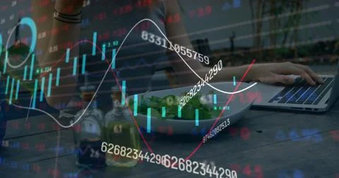 Image of stock market data processing over caucasian woman taking a picture of Foto stock