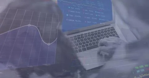Image of stock market data processing against rear view of man and woman us.. Stock Photos