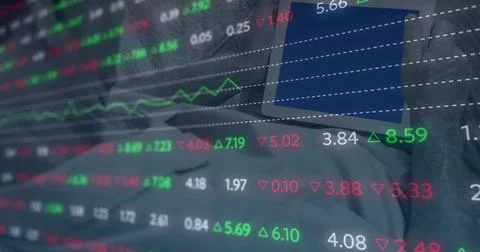 Image of stock market data processing against close up of a person holding .. Stock Photos