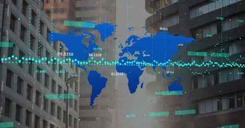 Image of stock market data processing over world map against tall buildings Stock Photos