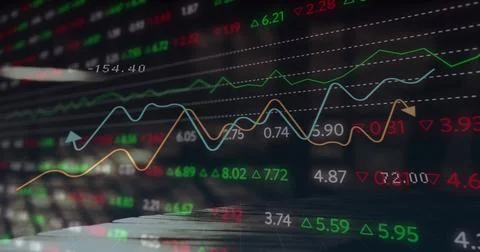 Image of stock market data processing against time-lapse of people walking Stock Photos