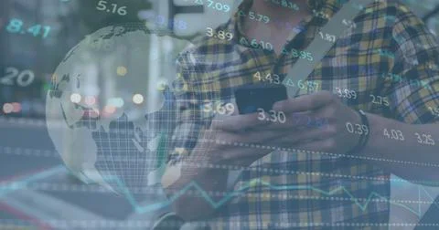 Image of stock market data processing against caucasian man using smartphon.. 스톡 사진