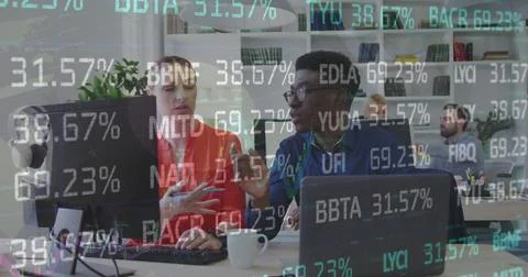 Image of stock market data processing over diverse man and woman discussing at Foto stock
