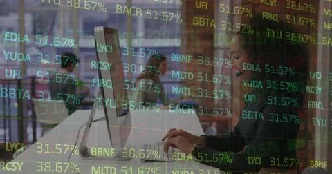 Image of stock market data processing over african american woman using computer 스톡 사진