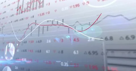 Image of stock market data processing against spots of light on grey background Stock Photos