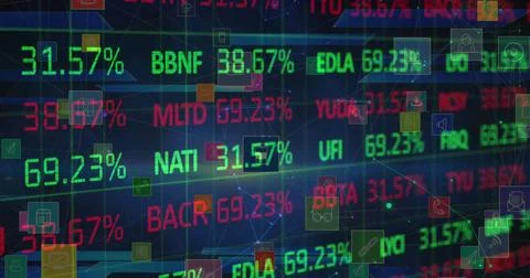 Image of stock market data processing, network of digital icons and plexus Stock Photos
