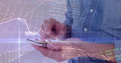 Image of stock market data processing against mid section of man using Stock Photos