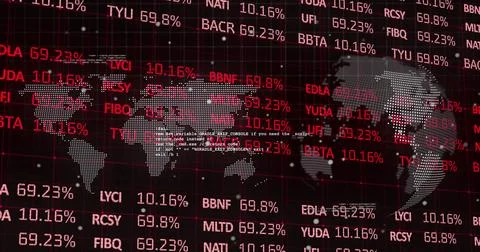 Image of stock market data processing over spinning globe and world map against Stock Photos