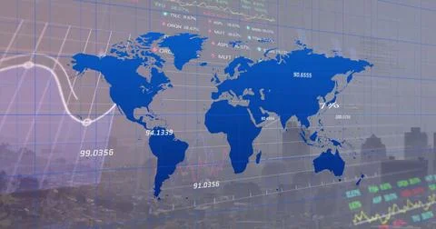 Image of stock market data processing over world map against aerial view of Foto stock