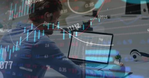 Image of stock market data processing against caucasian man taking notes at Stockfoto's