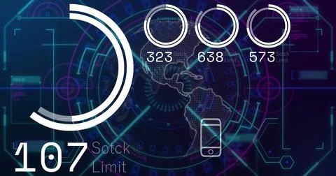 Image of stock market data processing over interface with spinning globe and Stock Photos