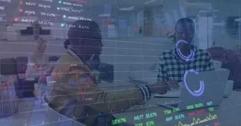 Image of stock market data processing against diverse man and woman discussing Stock Photos