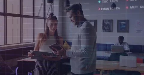 Image of stock market data processing against diverse man and woman discussing Foto stock