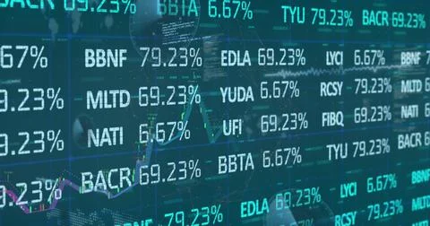 Image of stock market data processing over multiple round scanners against blue Stock Photos