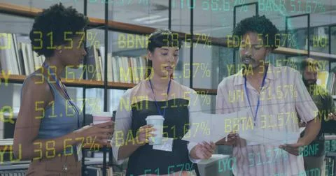 Image of stock market data processing over diverse colleagues discussing over Stockfoto's