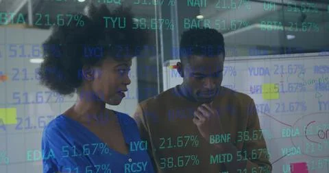 Image of stock market data processing over diverse man and woman discussing at 스톡 사진