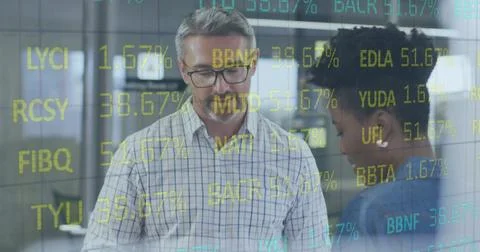 Image of stock market data processing over diverse man and woman discussing at 스톡 사진