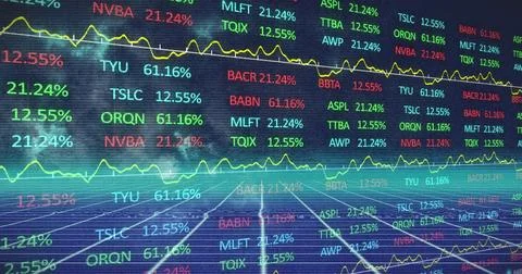 Image of stock market data processing over grid network against blue background Foto stock