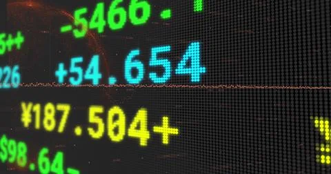 Image of stock market data processing over globe against black background Stock Photos