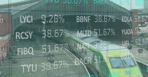 Image of stock market data processing against aerial view of running train on Stock Photos