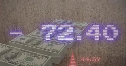 Image of stock market data processing over stack of dollar bills against grey Stock Photos