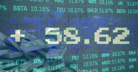Image of stock market data processing over world map against stack of dollar Stock Photos