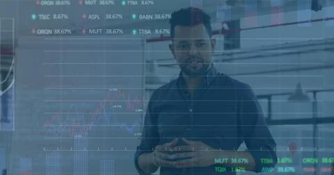 Image of stock market data processing over biracial man discussing with a 스톡 사진