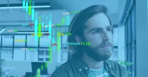Image of stock market data processing against thoughtful caucasian man at office Stock Photos