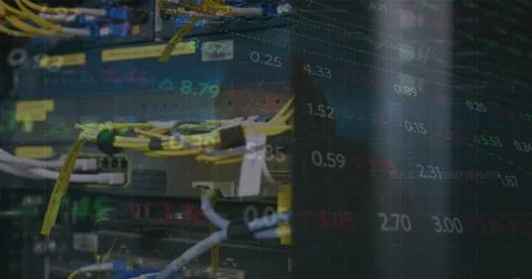 Image of stock market data processing against close up of computer server Foto stock