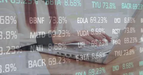 Image of stock market data processing against mid section of a woman using Foto stock