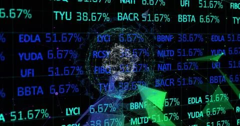 Image of stock market data processing over plexus networks and spinning globe Stock Photos