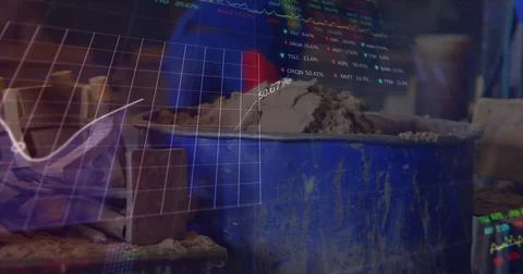Image of stock market data processing over mid section of man putting saw dust Foto stock