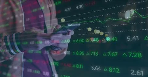 Image of stock market data processing against mid section of a man using 写真素材