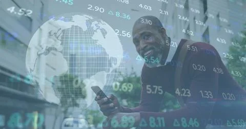Image of stock market data processing over african american man with bicycle Stock Photos