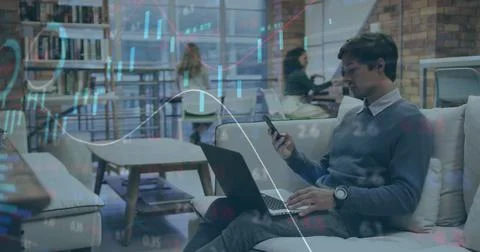 Image of stock market data processing over caucasian man taking on smartphone at Stock Photos